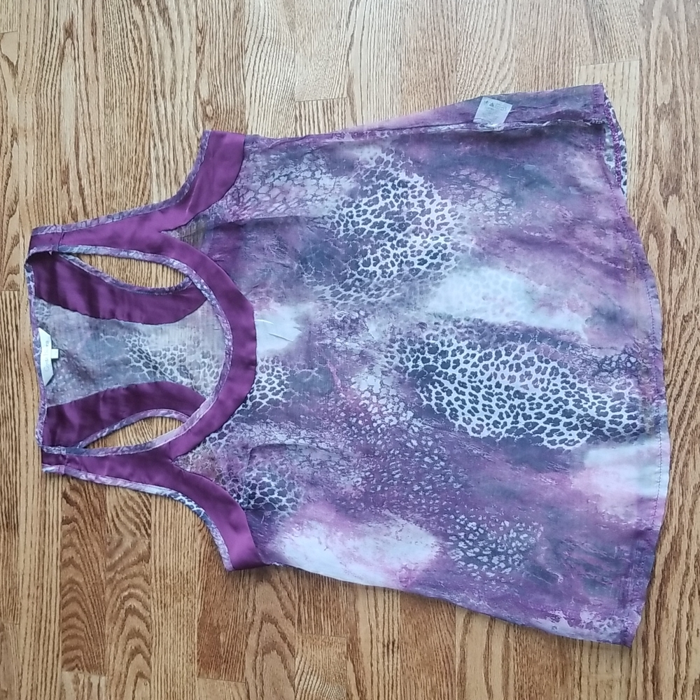 (L) Costa Blanca Sheer Animal Print Racer Back Tank Top